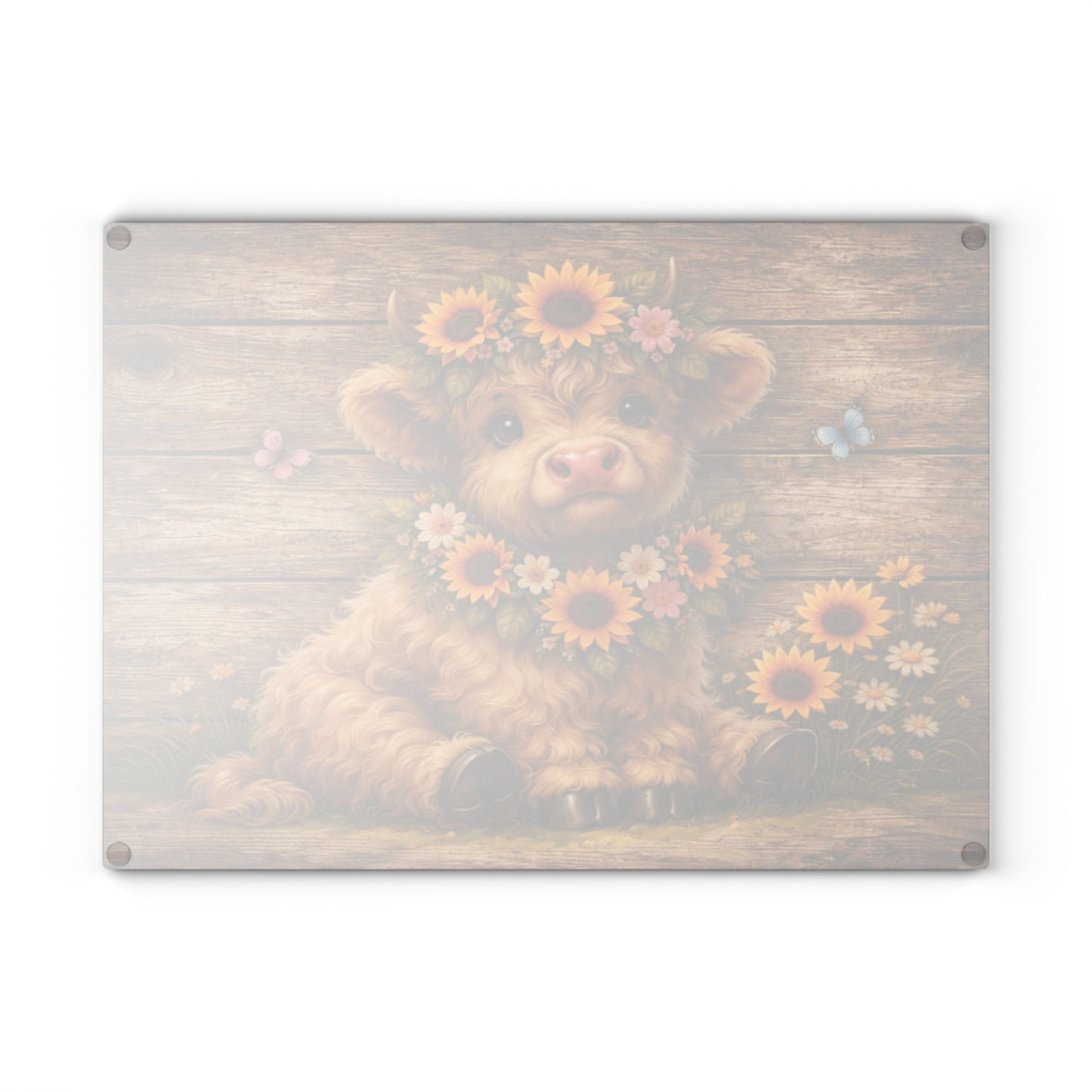 Floral Highland Calf Glass Cutting Board – Rustic Farmhouse Wood Background