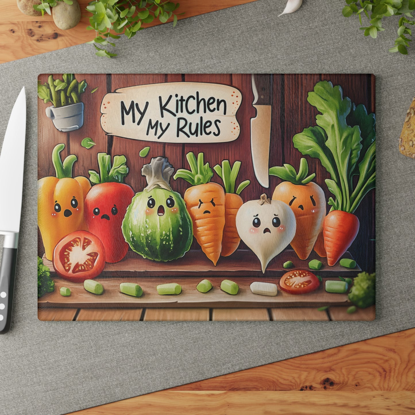 Tabla de cortar de vidrio “Mi cocina, mis reglas” – Verduras asustadas y humor de cocina atrevido