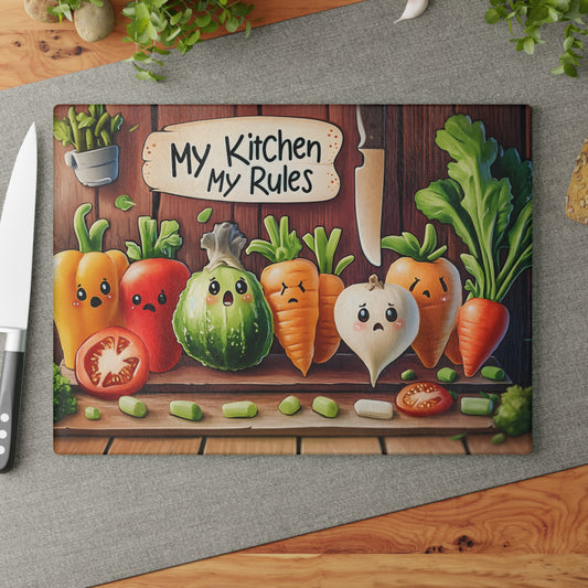 Tabla de cortar de vidrio “Mi cocina, mis reglas” – Verduras asustadas y humor de cocina atrevido