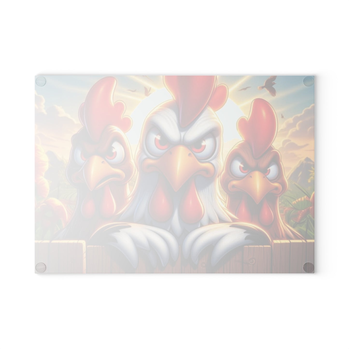 🐔 Three Angry Chickens Glass Cutting Board – Funny Farmhouse Kitchen Decor
