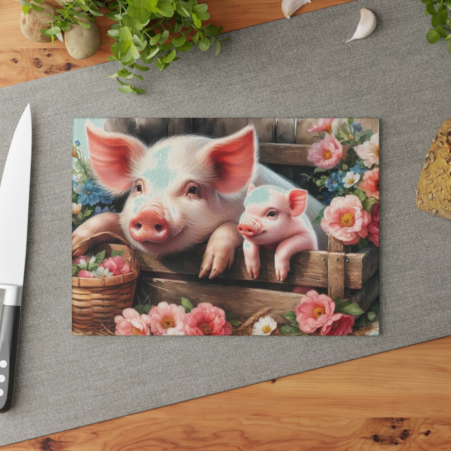 Tabla de cortar de vidrio templado para mamá y cerdito