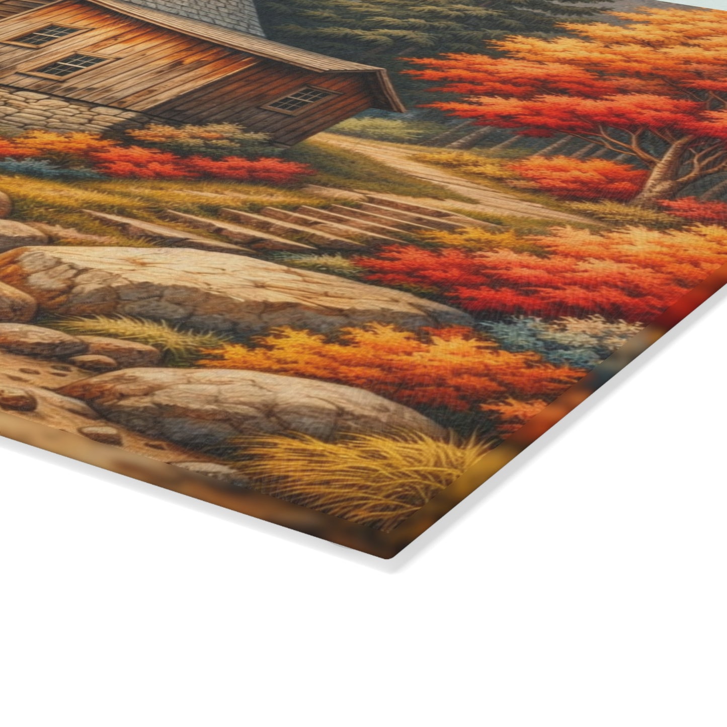 Autumn Watermill Cottage Glass Cutting Board – Rustic Fall Waterfall Kitchen Art