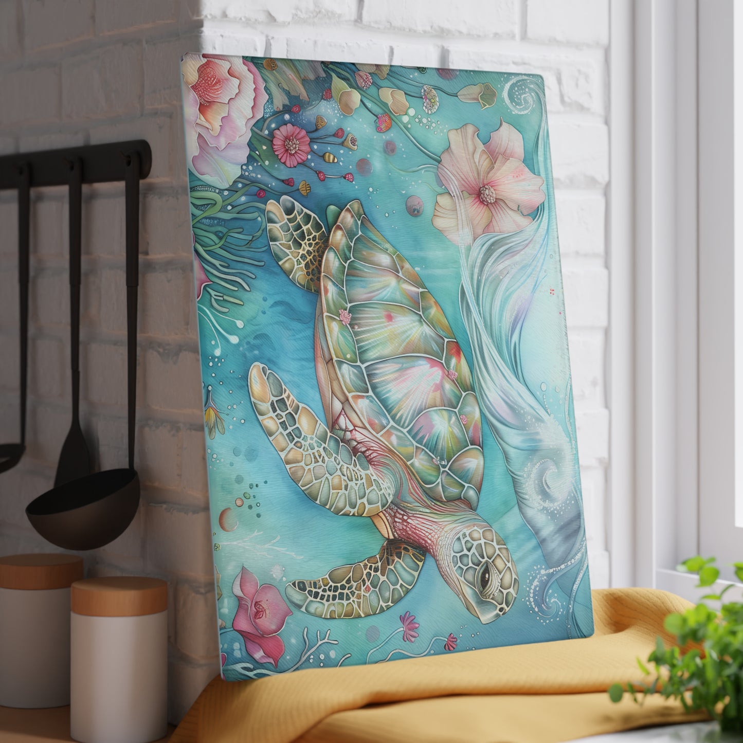 🌊🌸 Escena floral submarina de tortugas marinas coloridas – Tabla de cortar de vidrio