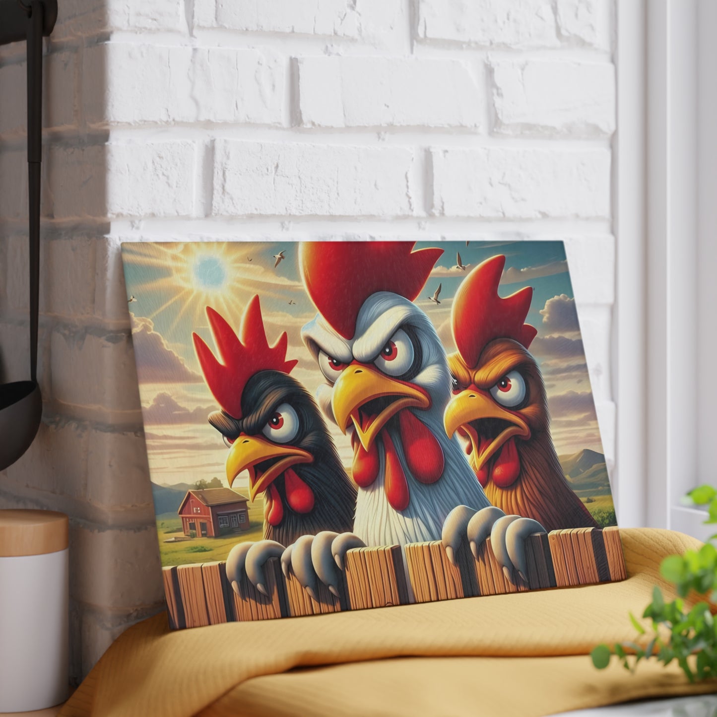 🐔 Three Angry Chickens Glass Cutting Board – Funny Farmhouse Kitchen Decor