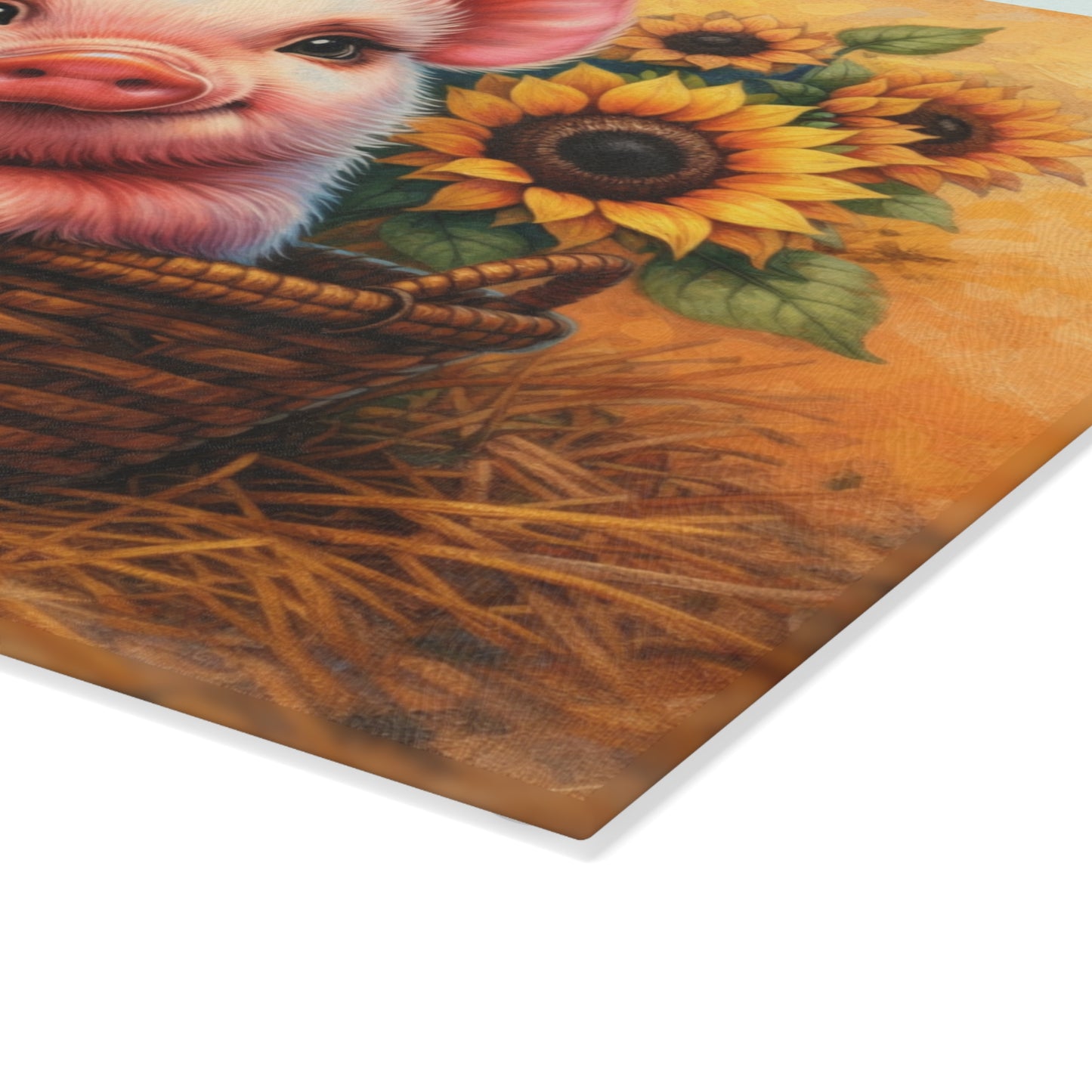 Sunflower Piglet Glass Cutting Board – Whimsical Farmhouse Kitchen Decor