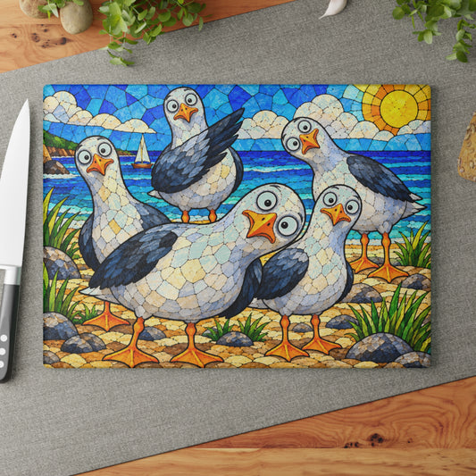 Funny Seagulls Stained-Glass-Inspired Glass Cutting Board – Coastal Beach Kitchen Decor