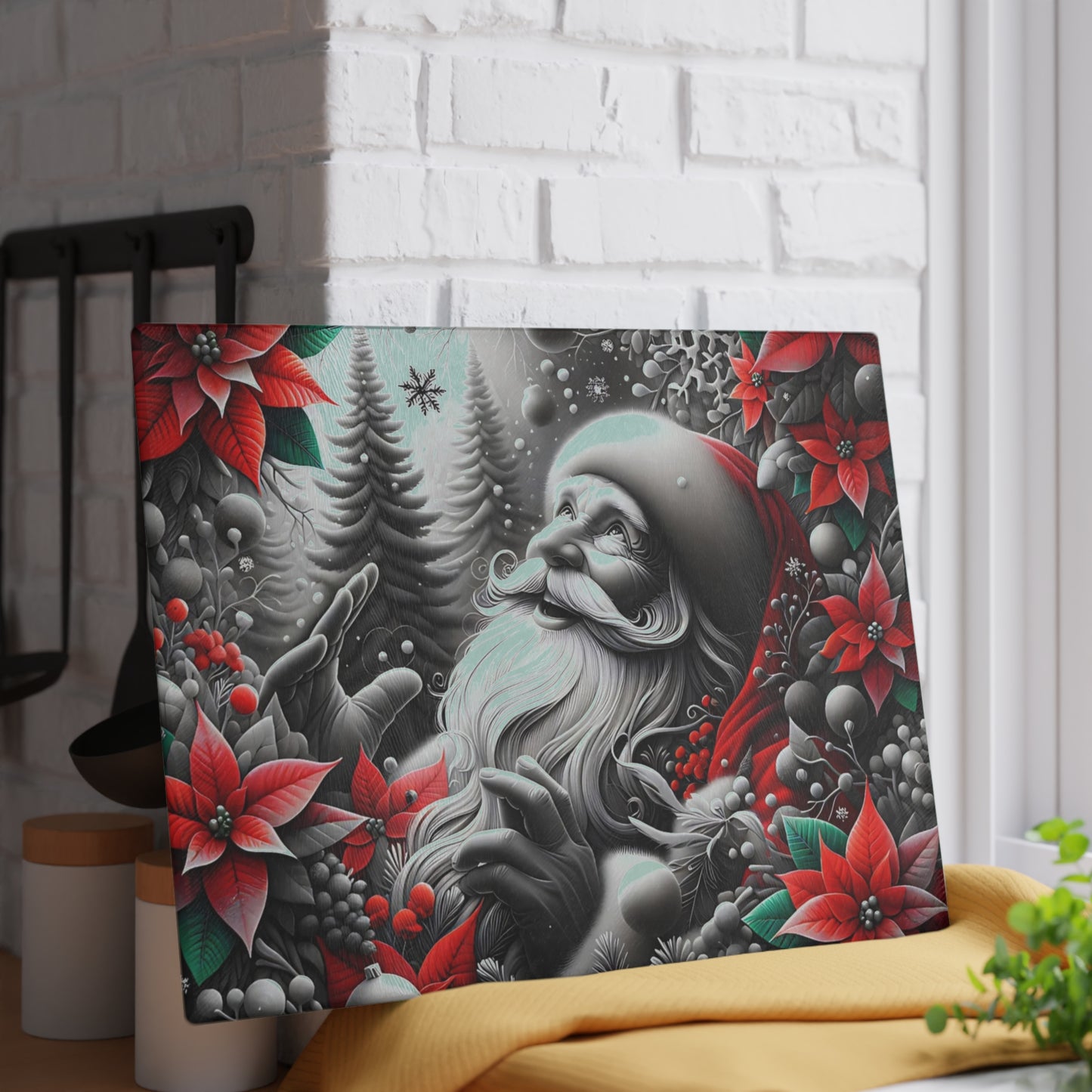 🎅❄️ “Midnight Snow Santa” Glass Cutting Board – Festive Glow for Your Kitchen