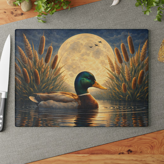 Moonlit Mallard Duck Glass Cutting Board – Peaceful Marsh Wildlife Artwork
