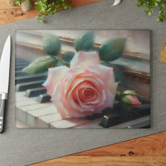 Tabla de cortar de vidrio templado con una rosa rosa sobre teclas de piano, elegante decoración de cocina con música y flores, regalo para músicos, tabla de charcutería