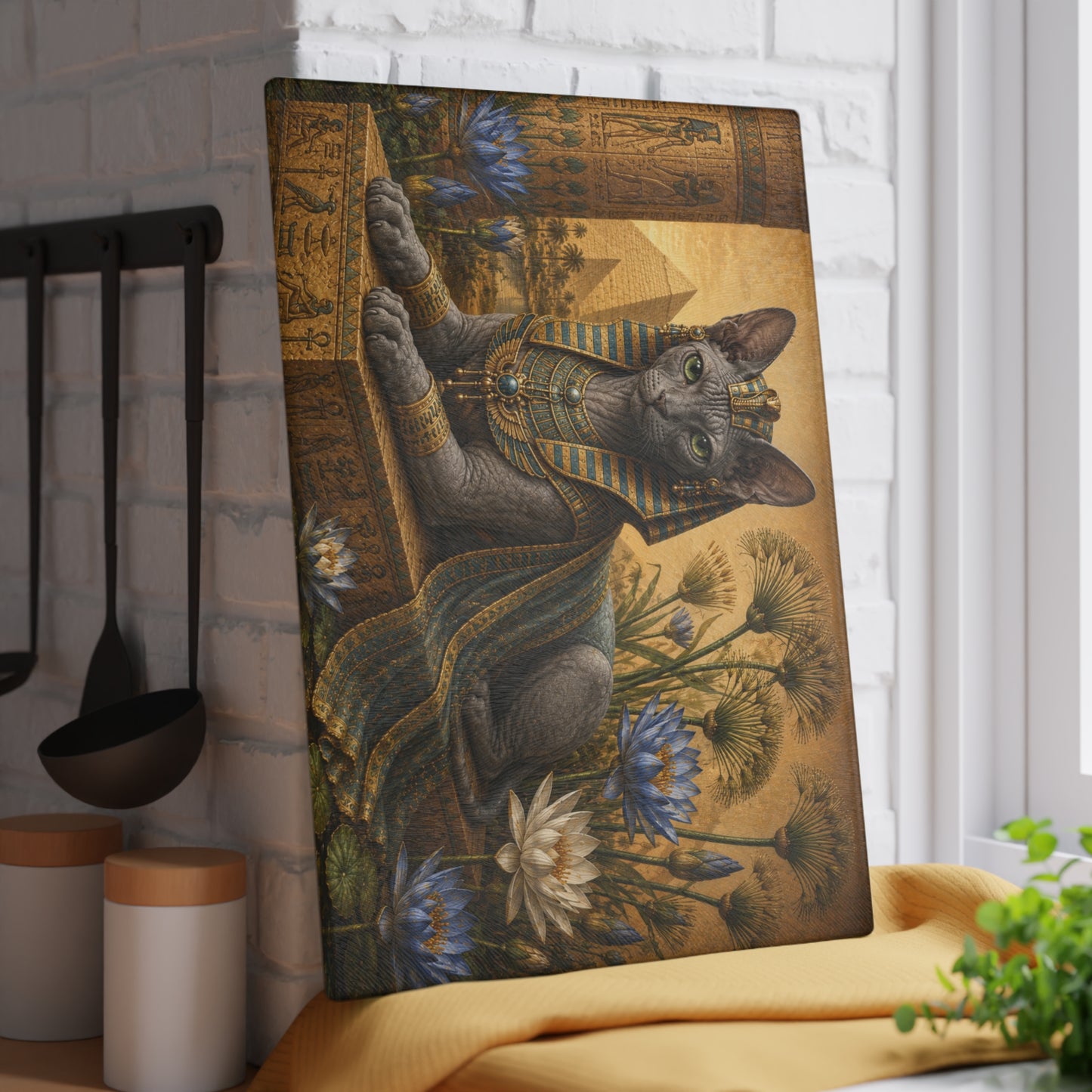 Ancient Egyptian Female Sphynx Cat Glass Cutting Board – Elegant Egyptian Cat Kitchen Decor