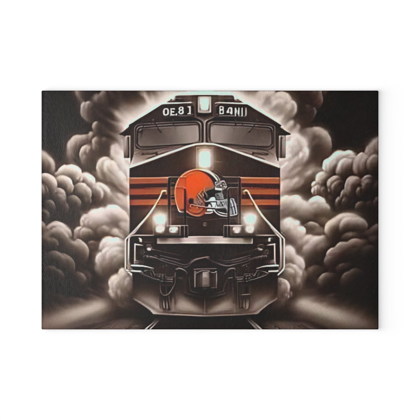 Brown & Orange Express Glass Cutting Board – Classic Train Design for Warm Rustic Kitchens