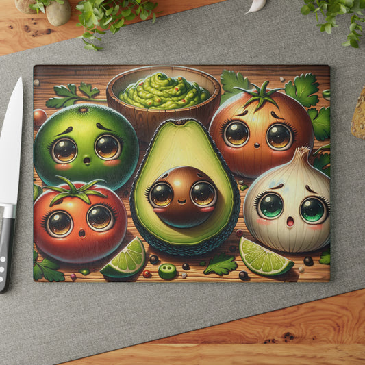 🥑💚 “Guac Squad Cuties” Glass Cutting Board – Cozy Charm for Your Kitchen
