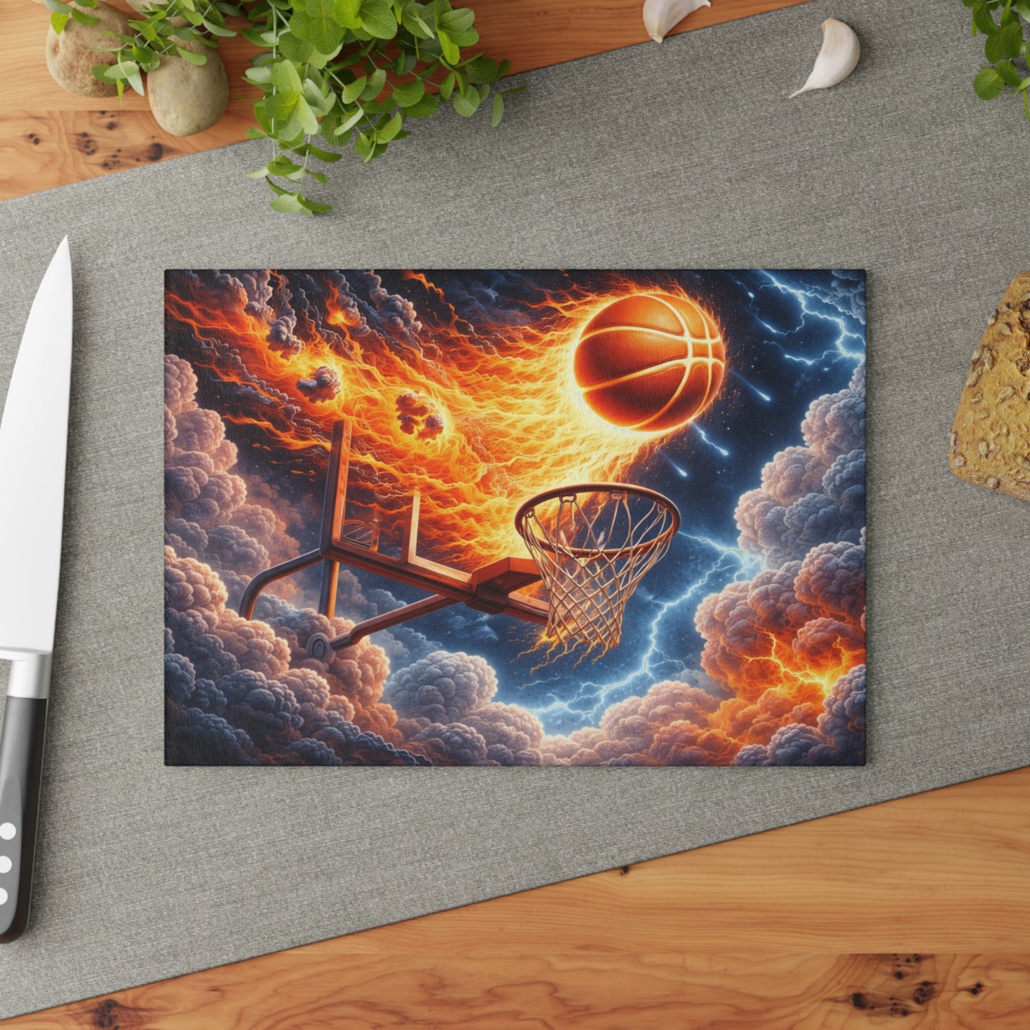 Fiery Basketball Slam Glass Cutting Board – High-Energy Sports Art for Your Kitchen