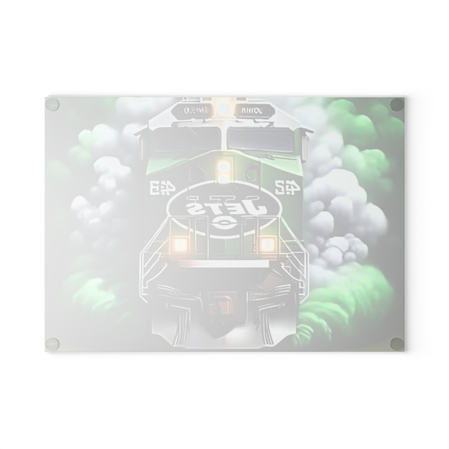 Green & White Express Glass Cutting Board – Clean Train Art for Fresh, Classic Kitchens