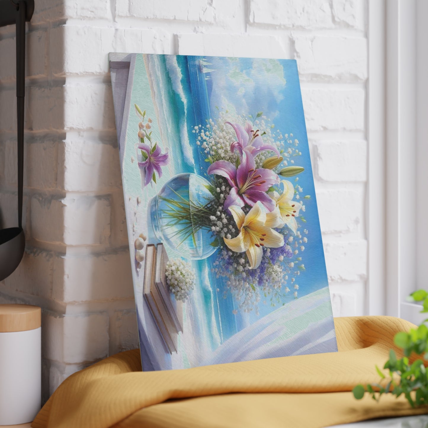 Tabla de cortar Ocean Breeze Lily: elegante decoración de cocina con escena playera floral