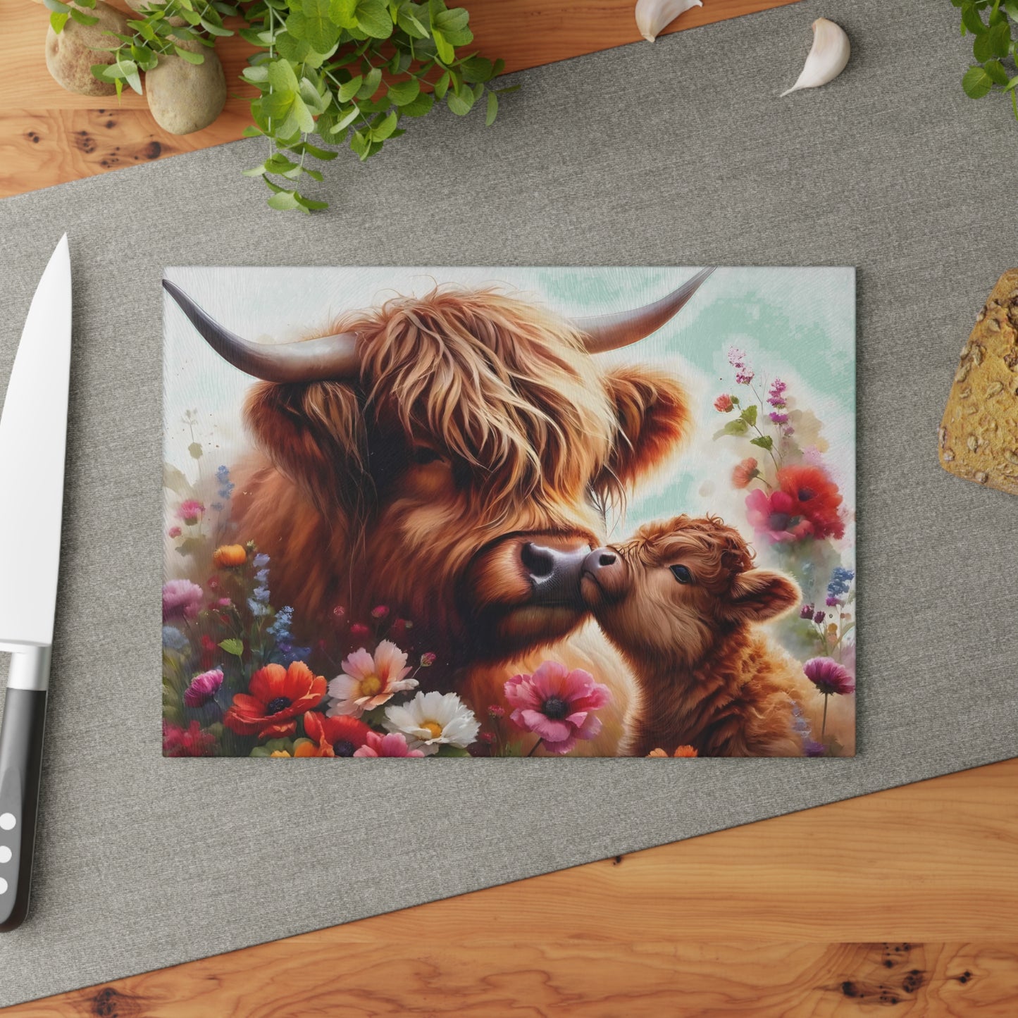 🐮🌸 Highland Cow & Calf Cutting Board – Rustic Love in Bloom 🌼❤️