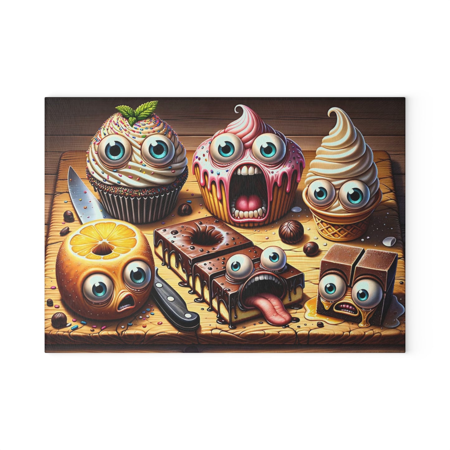 🍰🤣 “Sweet Squad Shenanigans” Glass Cutting Board – Fun Dessert Vibes for Your Kitchen