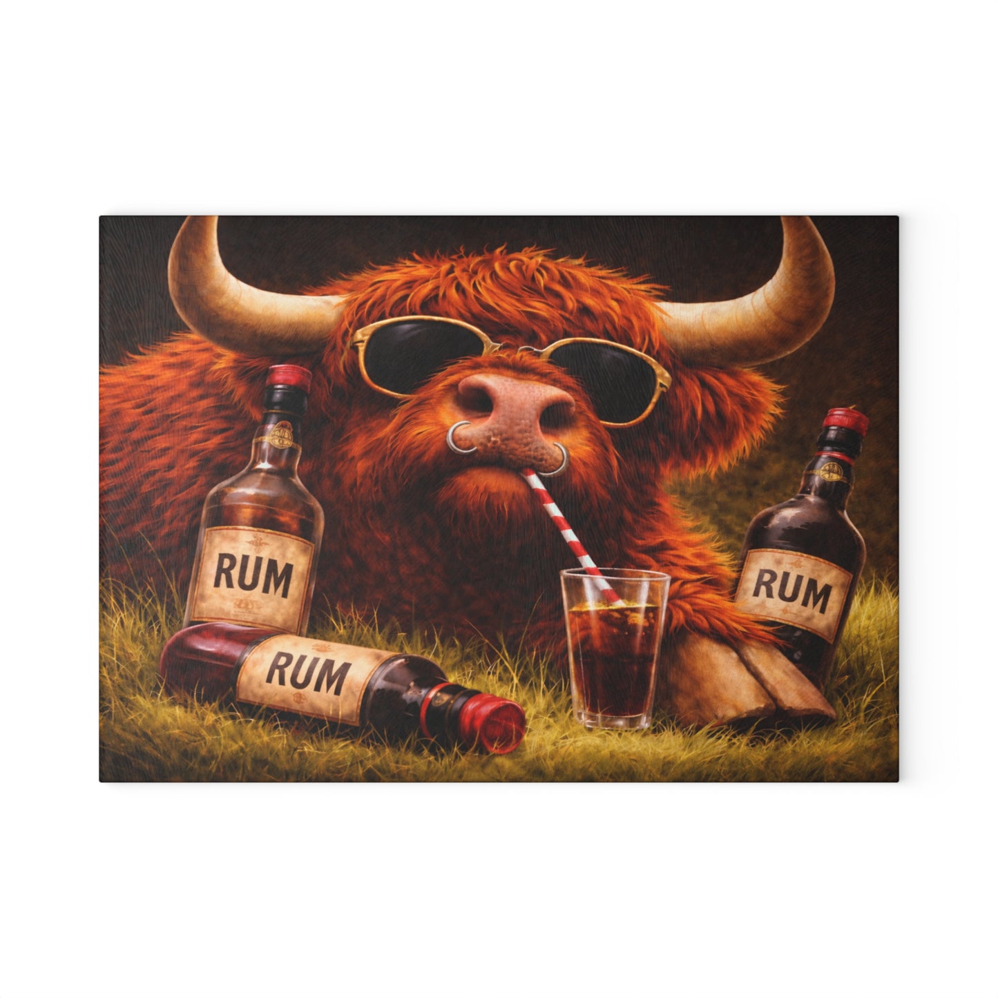 Sunglasses Highland Cow Glass Cutting Board – Bold Farm Bar Art with Playful Attitude