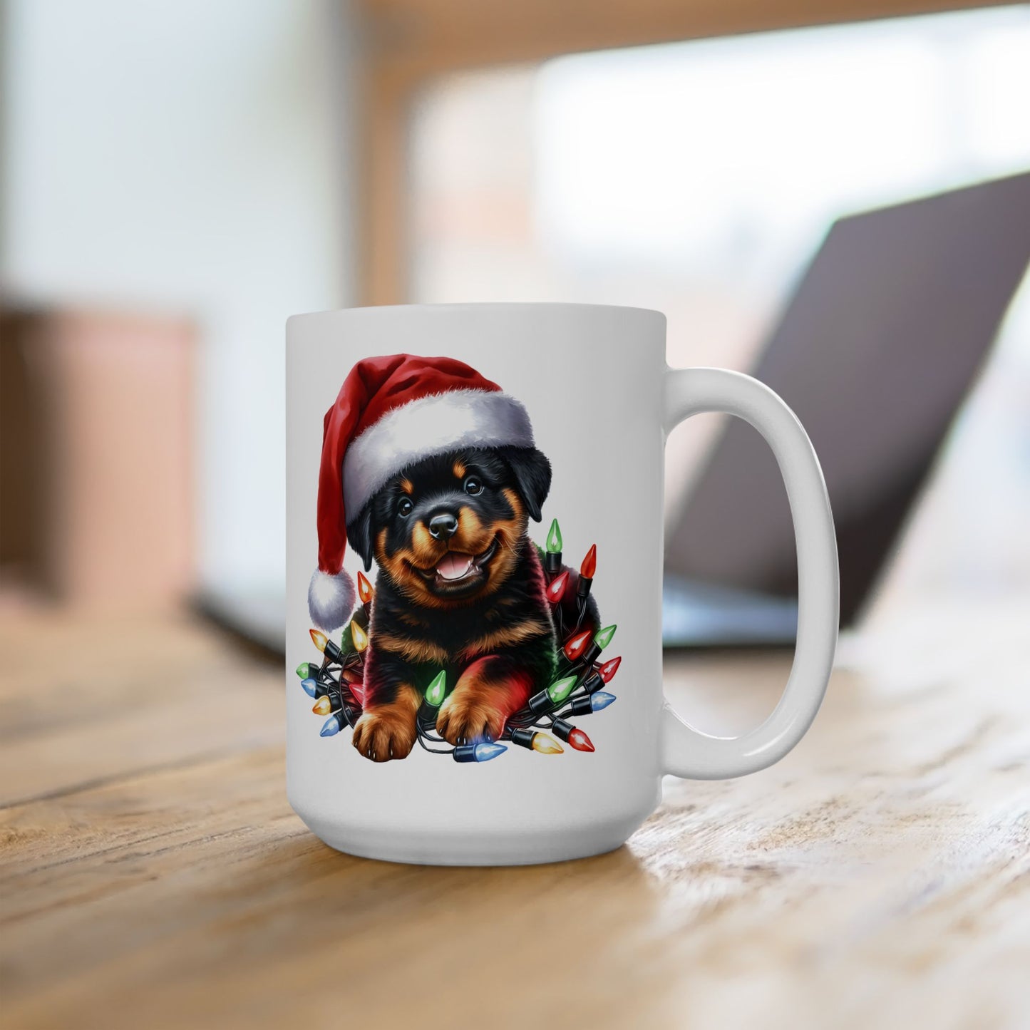 🎄 Rottweiler Christmas Lights Mug – Festive Cheer with Puppy Cuteness ☕
