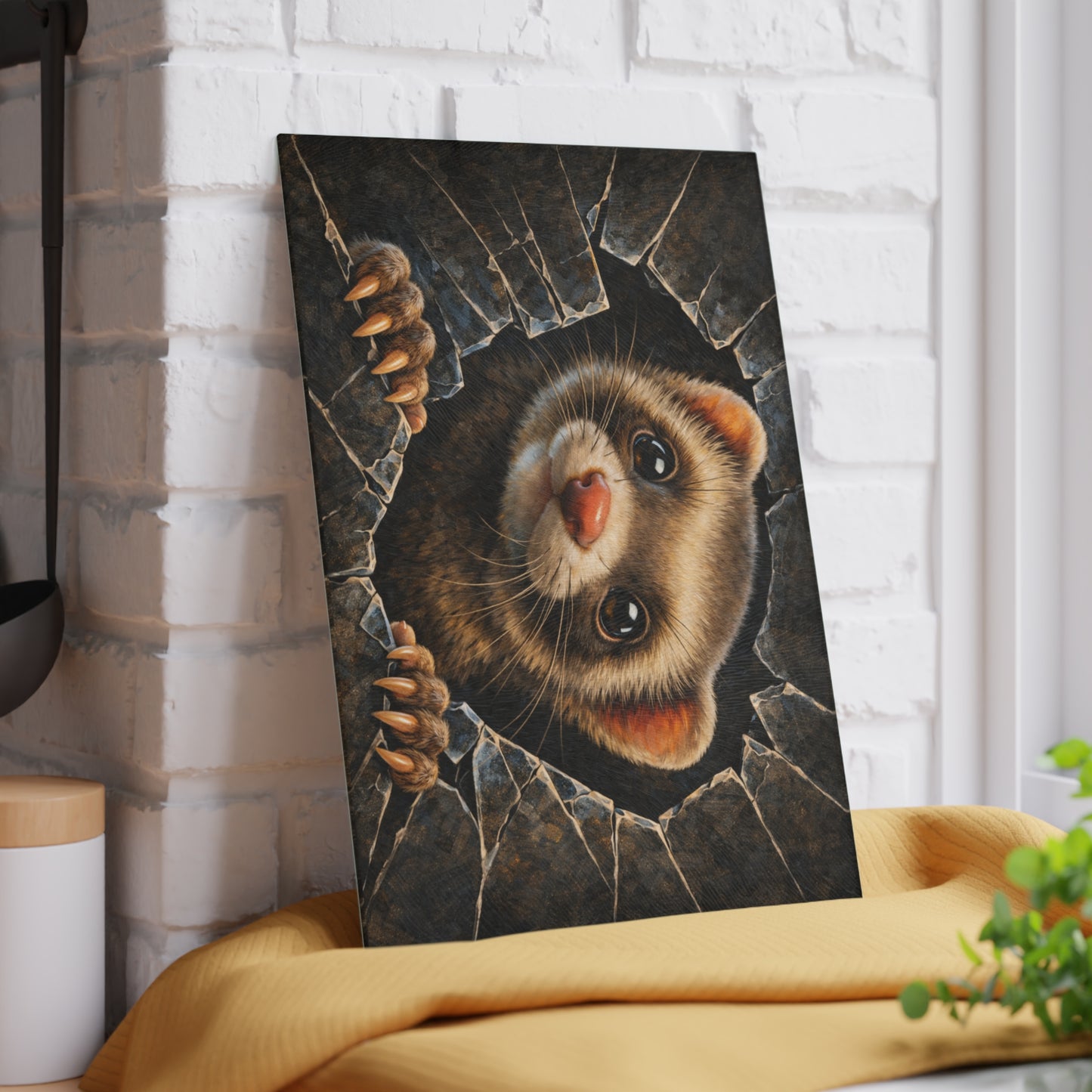 Ferret Breaking Through Wall Glass Cutting Board – Playful Wildlife Peek Artwork