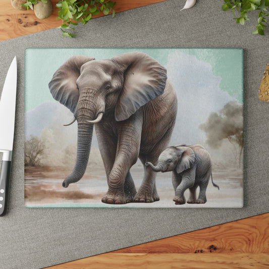 Tabla de cortar de vidrio templado con forma de mamá elefante y su bebé