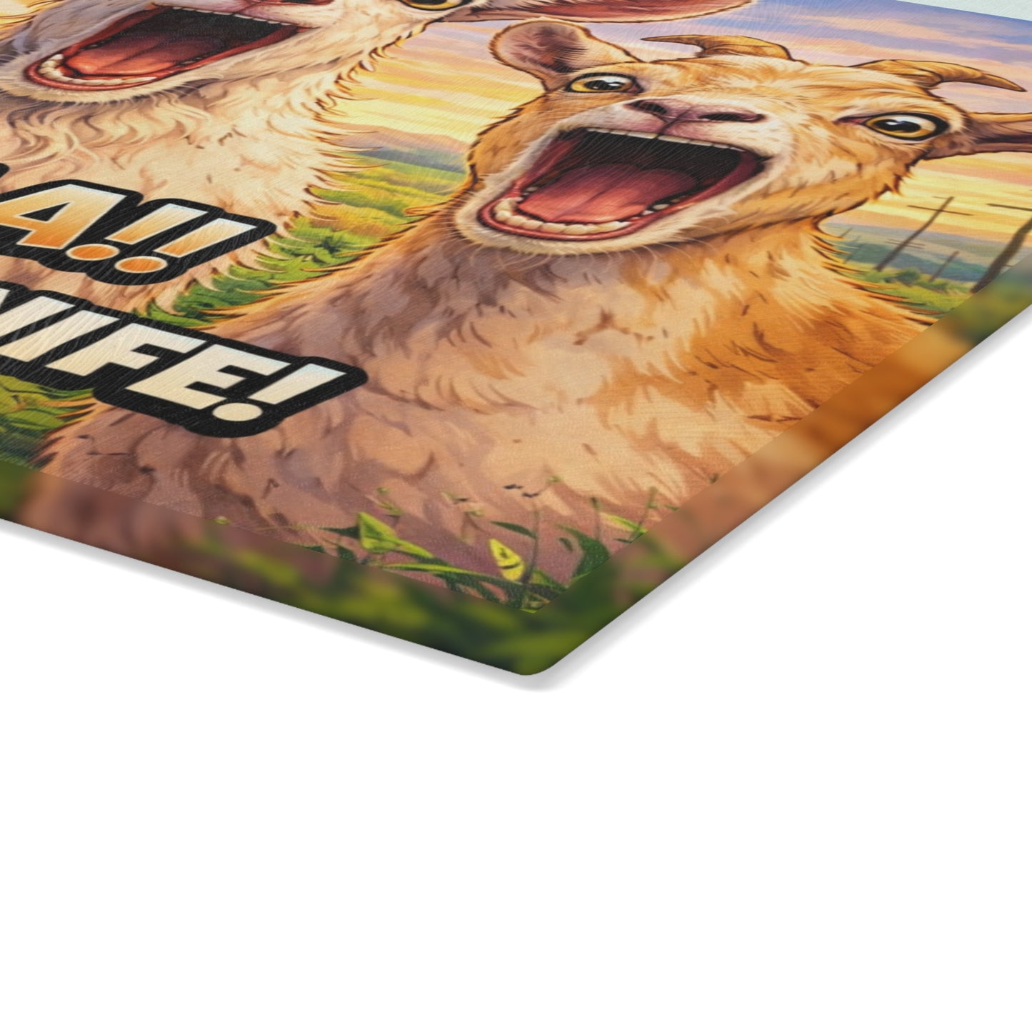 Maaa! She Has a Knife Glass Cutting Board – Funny Goat Farm Kitchen Art Display