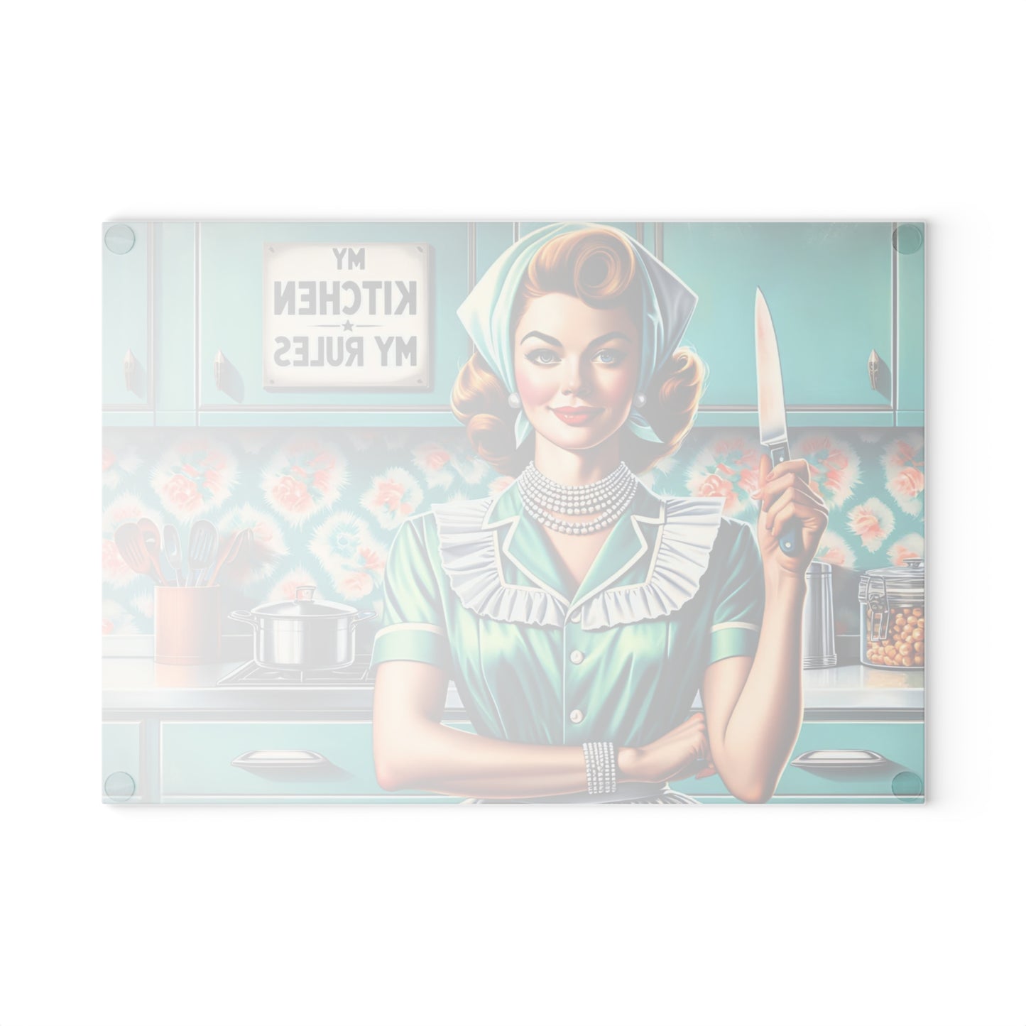 🍒✨ “Retro Kitchen Queen – My Kitchen, My Rules!” Glass Cutting Board – Sassy Vintage Charm