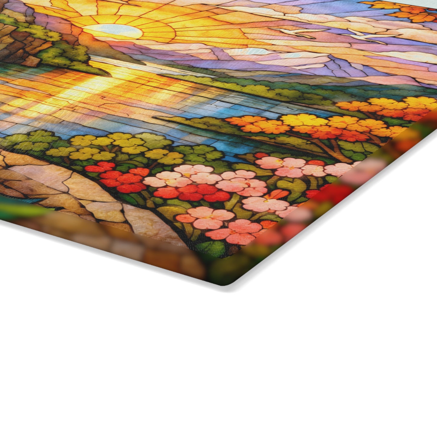 Stained Glass Style Peacock Landscape Glass Cutting Board – Colorful Nature Art Kitchen Decor