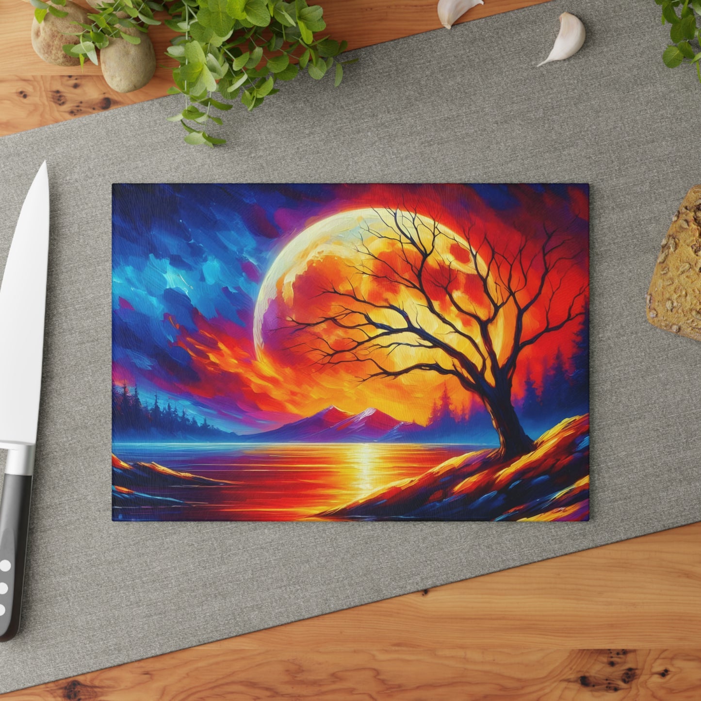 🌅🔥 Fiery Sunset Reflection Cutting Board – Vibrant Tree Silhouette Art 🔥🌅