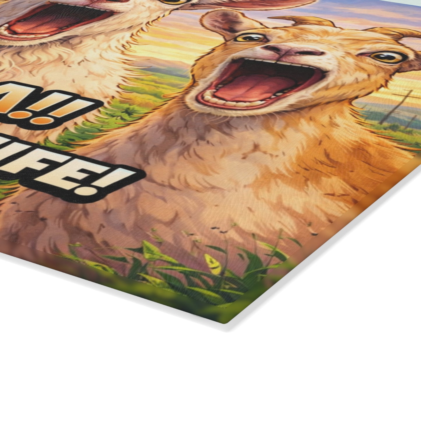 Maaa! She Has a Knife Glass Cutting Board – Funny Goat Farm Kitchen Art Display
