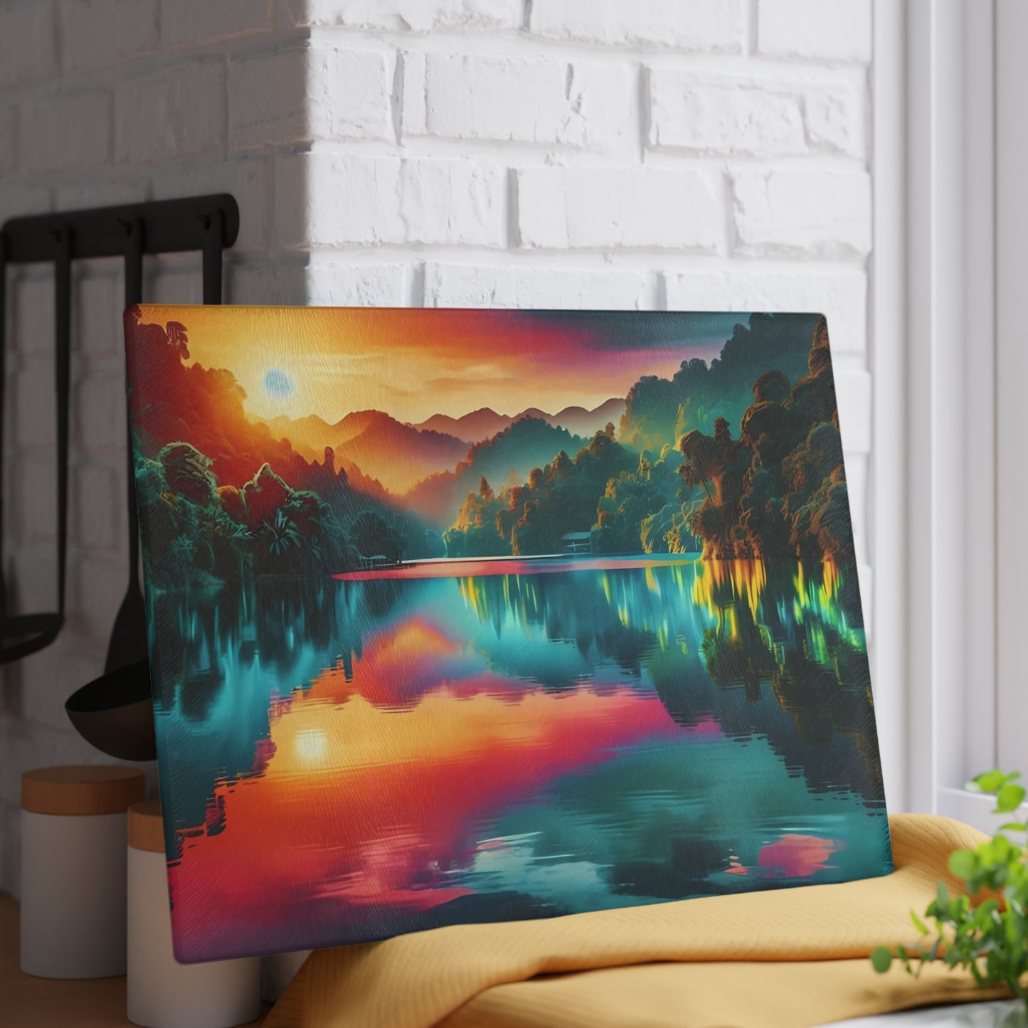 Tabla de cortar de vidrio con brillo de atardecer en la jungla: un escape tropical vibrante para tu cocina