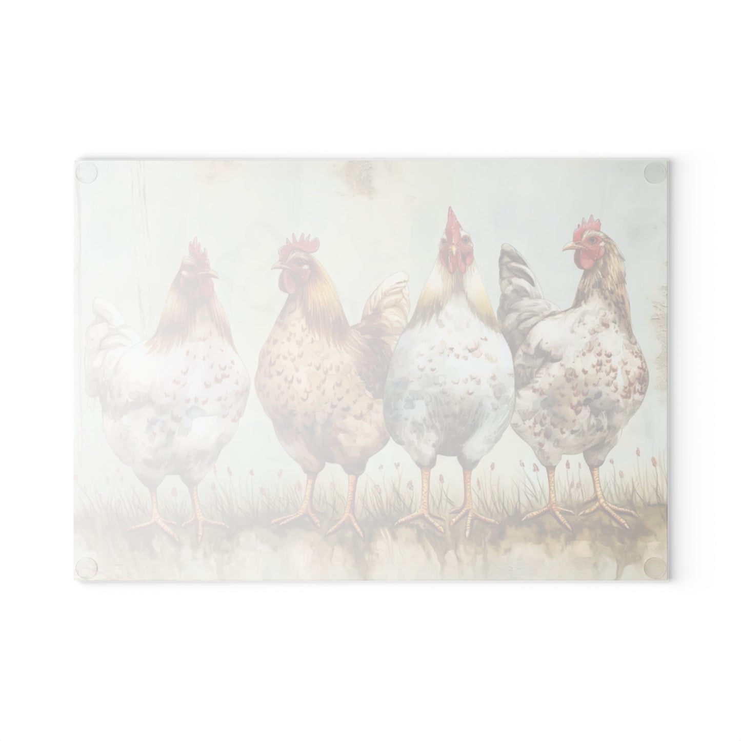 🐔🌿 “Country Hen Parade” Glass Cutting Board – Classic Farmhouse Charm