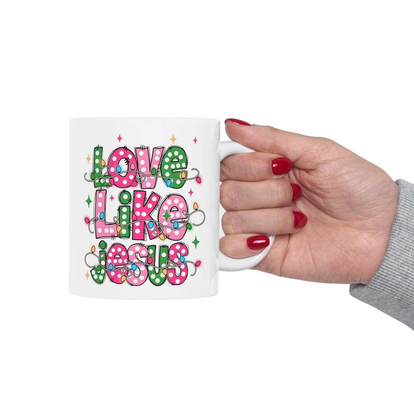 ☕ Love Like Jesus Coffee Mug – Holiday Lights & Faith-Filled Cheer 💖🎄