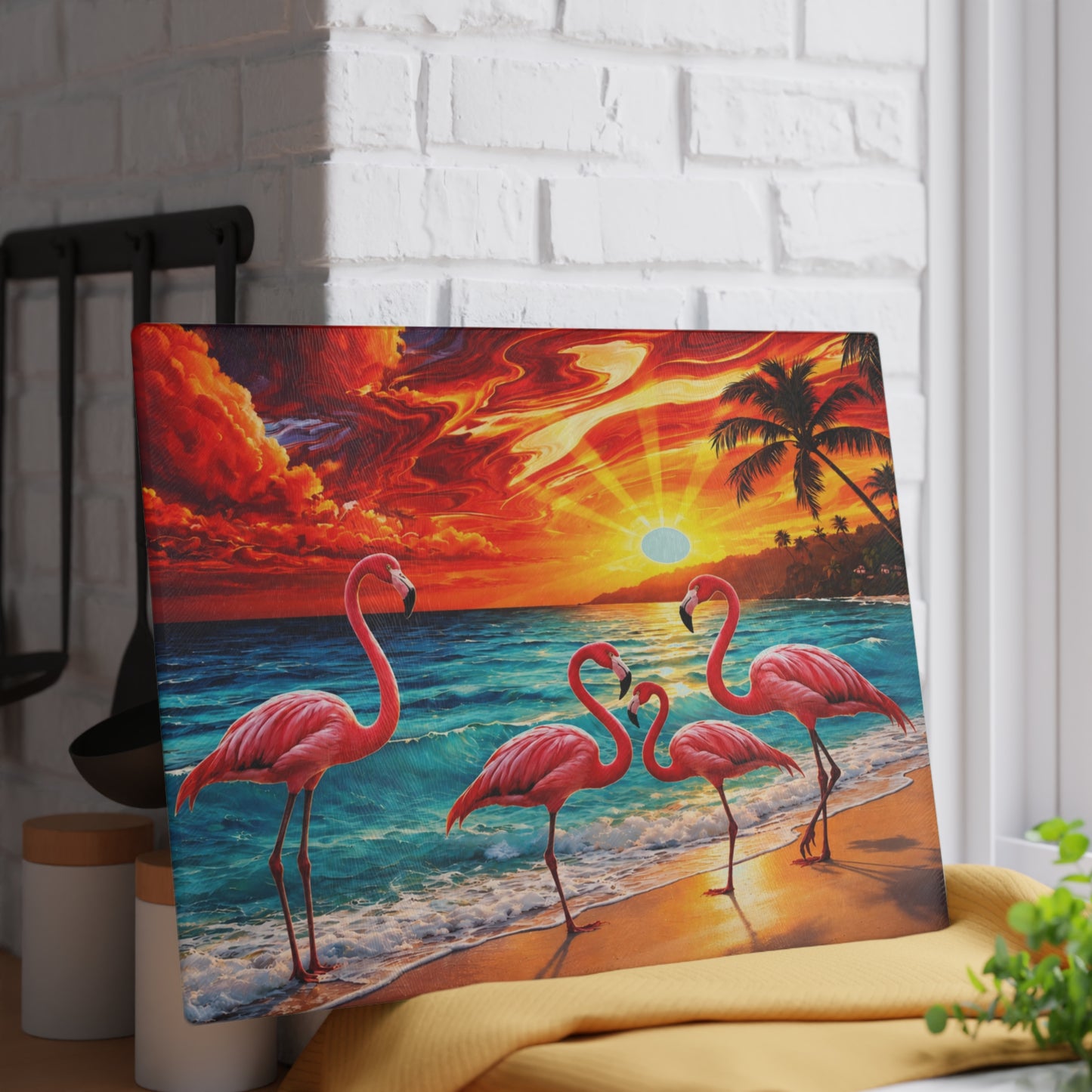 Vibrant Flamingo Sunset Glass Cutting Board – Tropical Coastal Kitchen Decor