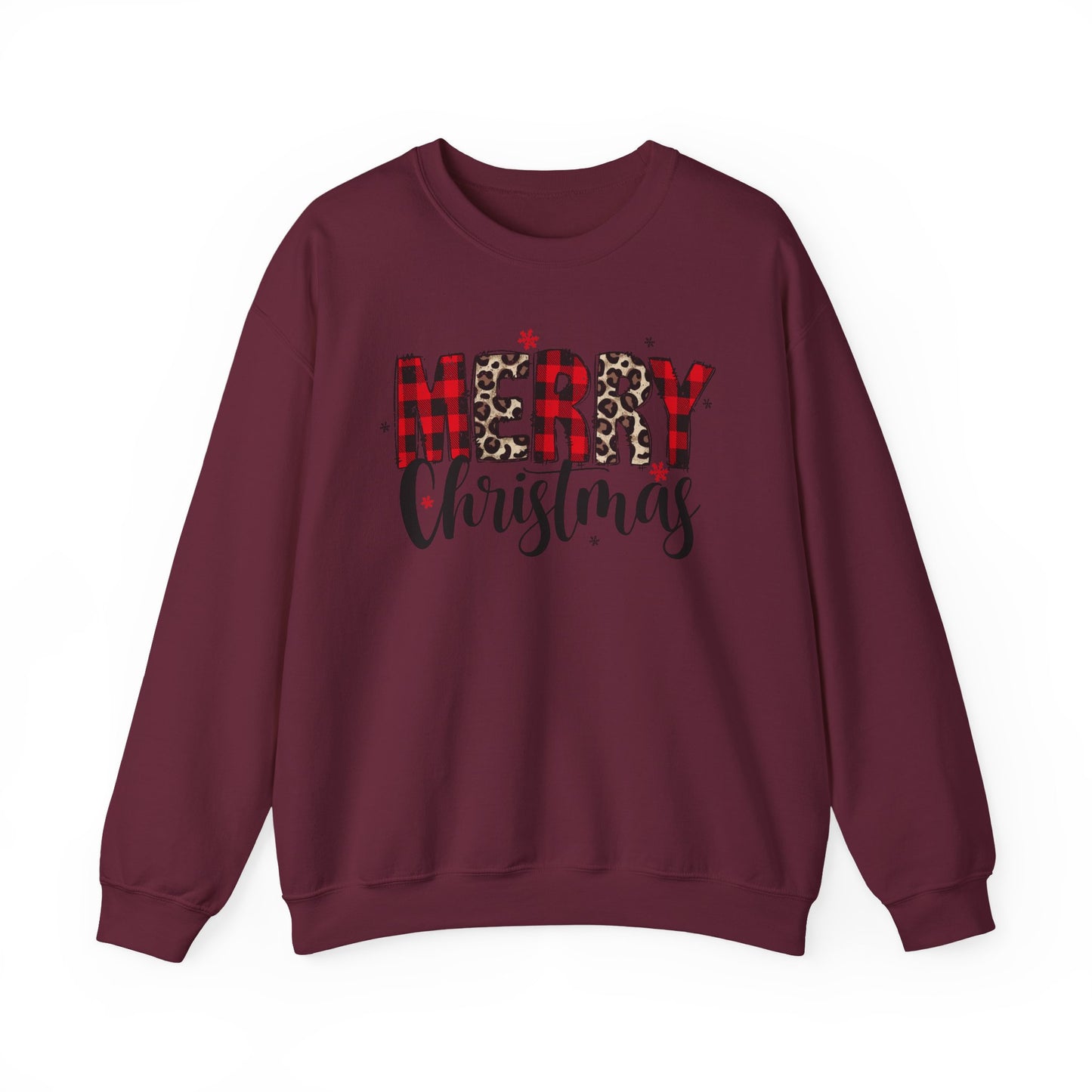 🎄🖤 Merry Christmas Buffalo Plaid & Leopard Crewneck – Cozy Unisex Holiday Pullover