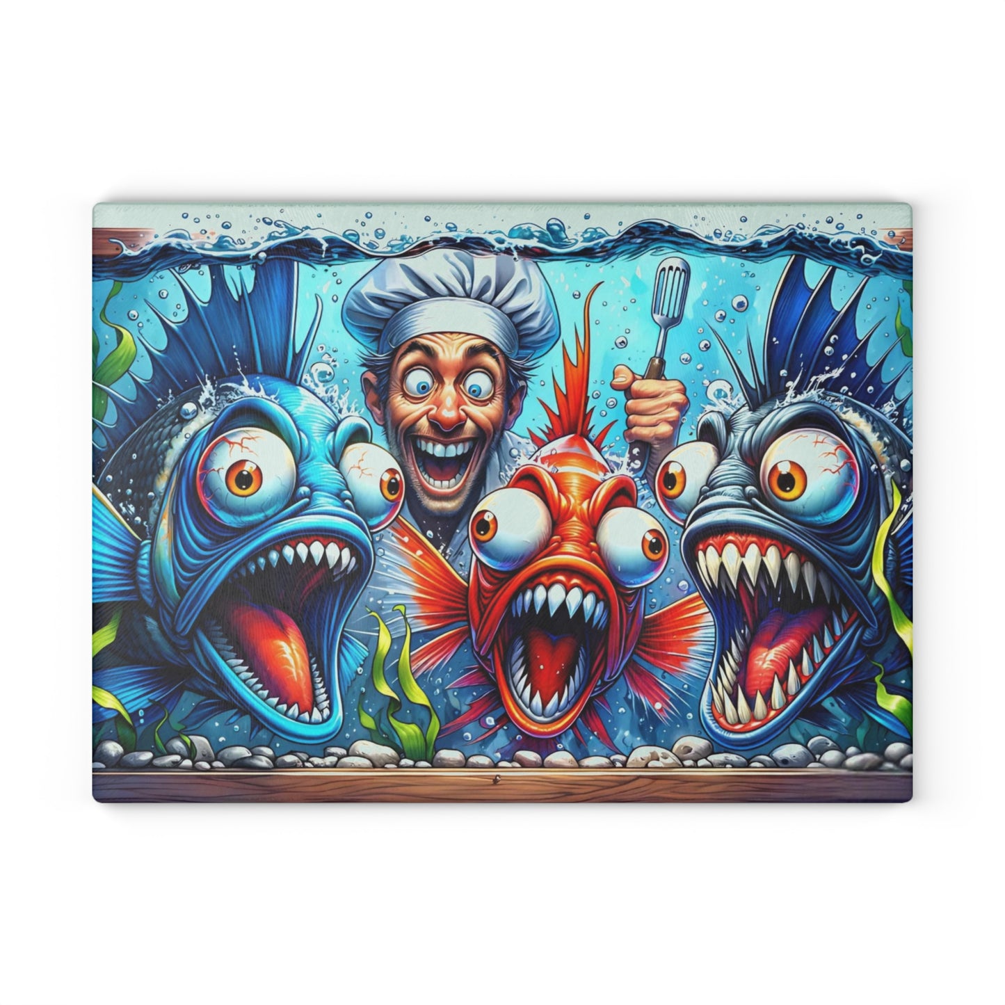 🐟👨‍🍳 “Kitchen Chaos: Fish & Chef” Glass Cutting Board – Cozy Charm for Your Kitchen