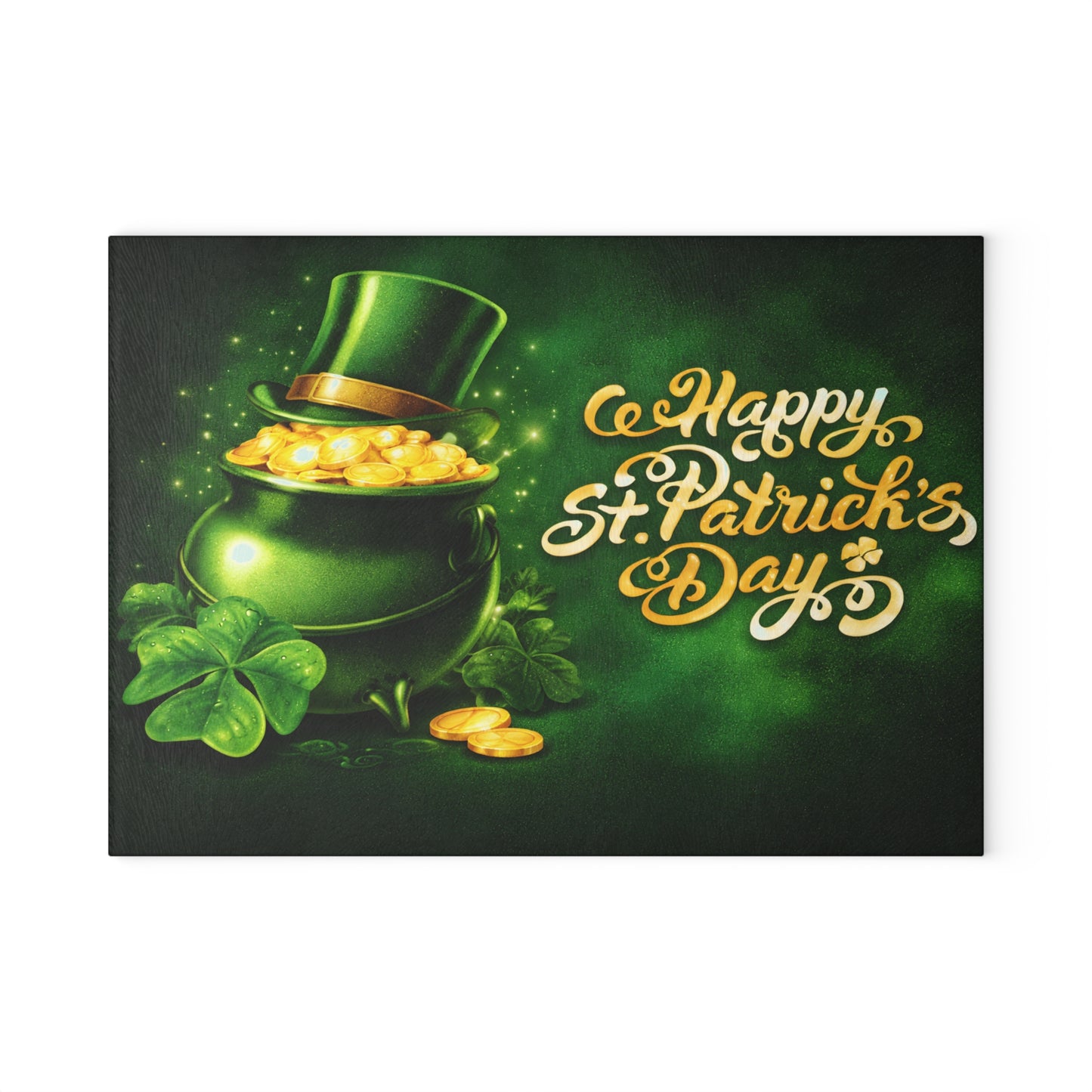 Happy St. Patrick’s Day Clover & Gold Glass Cutting Board – Festive Irish Kitchen Accent