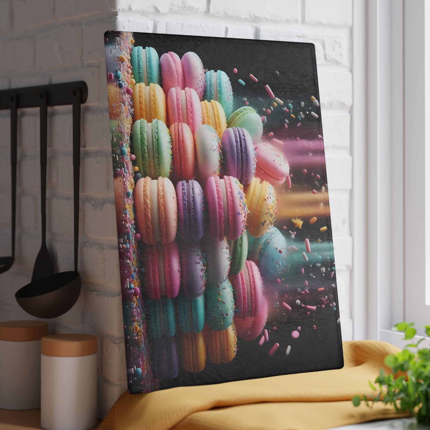 Tabla de cortar de vidrio con macarons pastel: una decoración de cocina dulce con un toque de fantasía