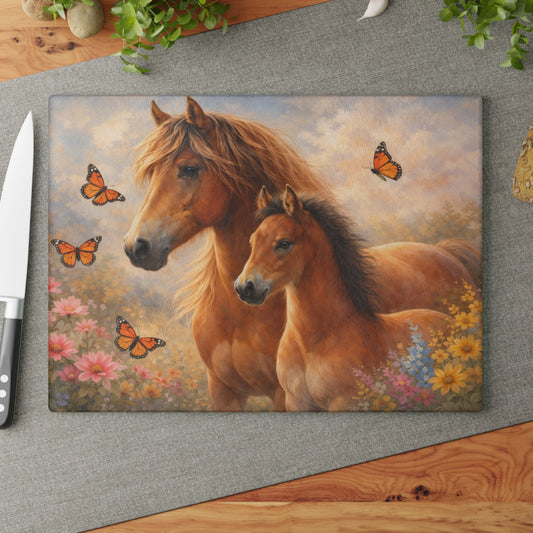 Mother and Foal Floral Glass Cutting Board – Rustic Country Kitchen Decor