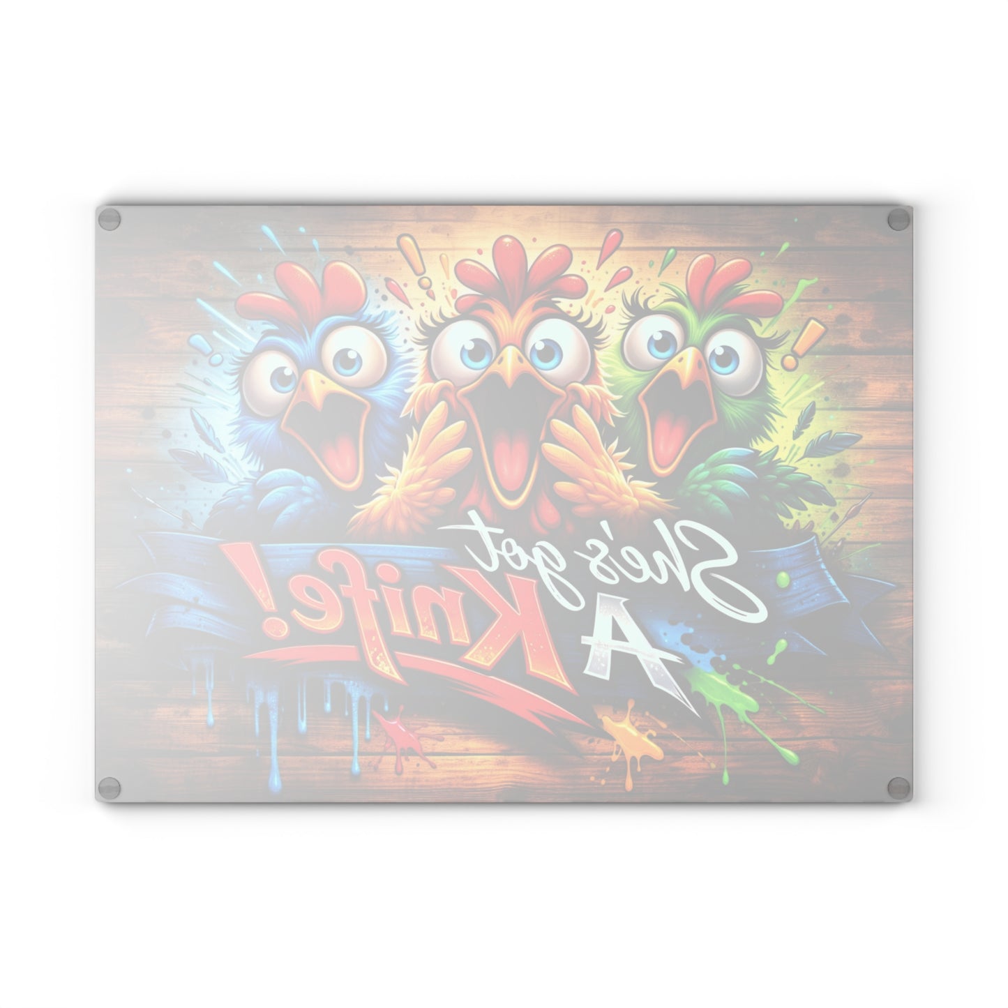 She’s Got a Knife! Glass Cutting Board – Hilarious Chicken Cartoon Kitchen Humor