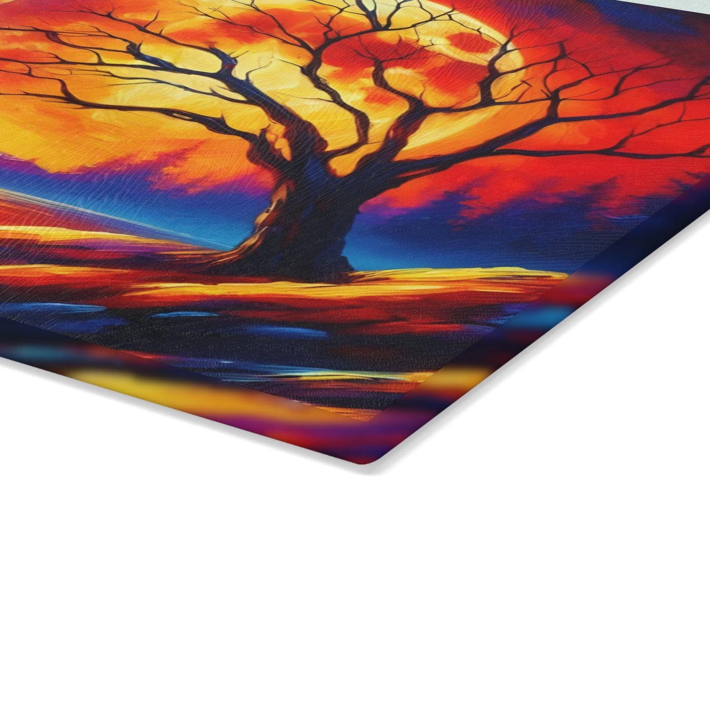 🌅🔥 Fiery Sunset Reflection Cutting Board – Vibrant Tree Silhouette Art 🔥🌅