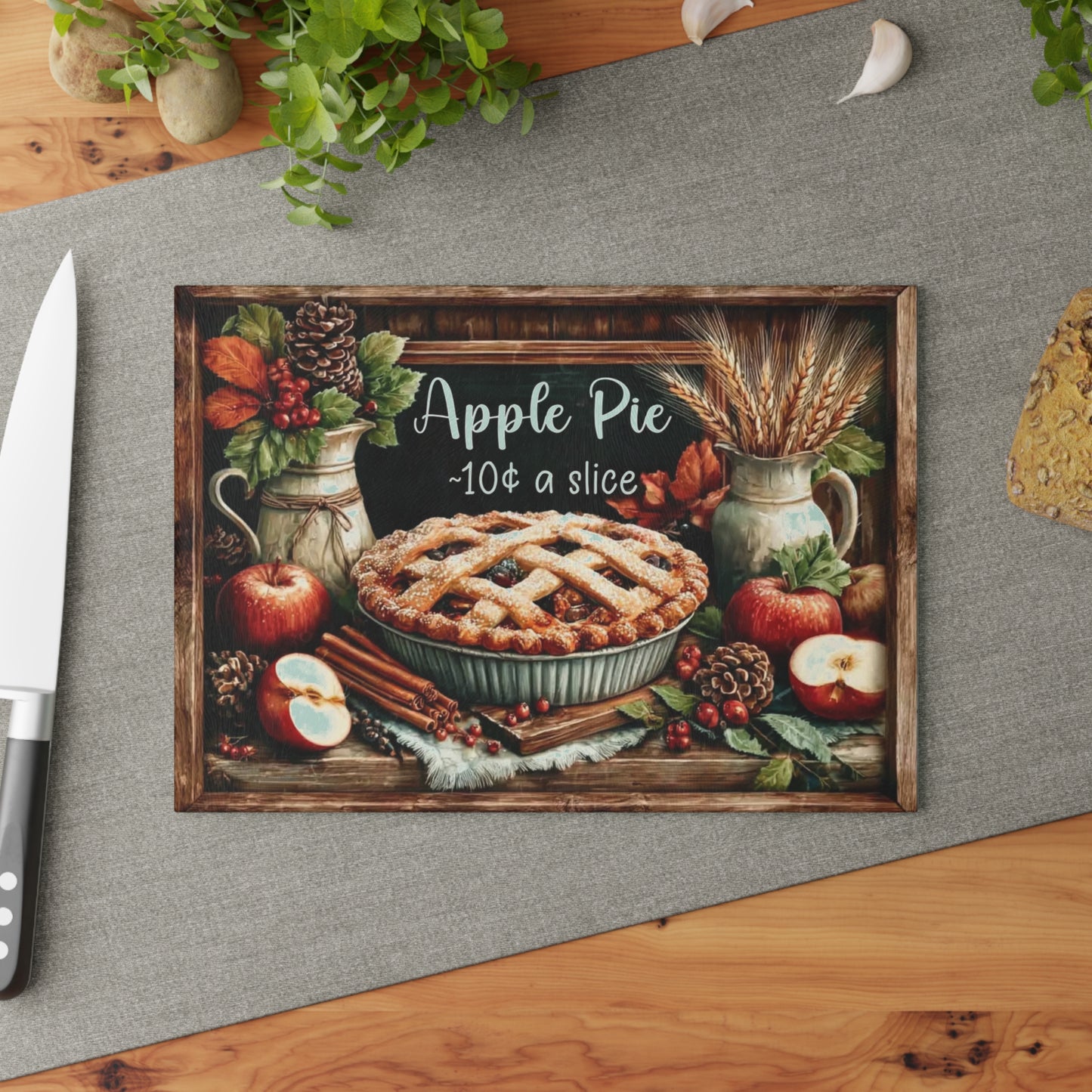 🥧🍎 “Apple Pie – 10¢ a Slice” Tempered Glass Board – Vintage Bakery Charm