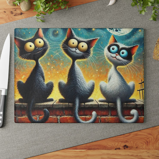 Tabla de cortar para gatos, tabla de cortar de vidrio, regalo para amantes de los gatos, decoración de cocina original, arte divertido para gatos, diseño de tres gatos de ojos grandes, regalo para mamá gata.