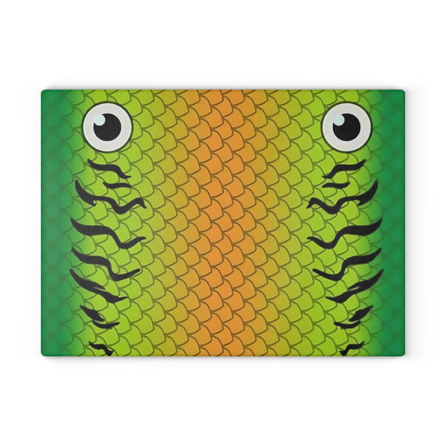 Green & Gold Fish Face Glass Cutting Board – Bold Coastal Artwork with Playful Scales