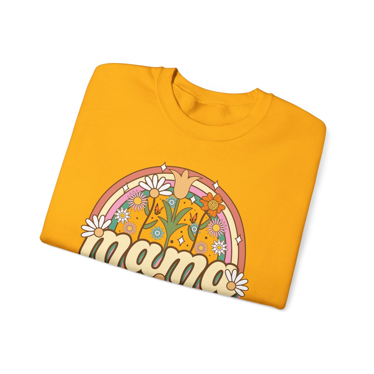 🌼🌈 Retro Floral Mama Sweatshirt – Vintage Rainbow Daisy Mom Crewneck