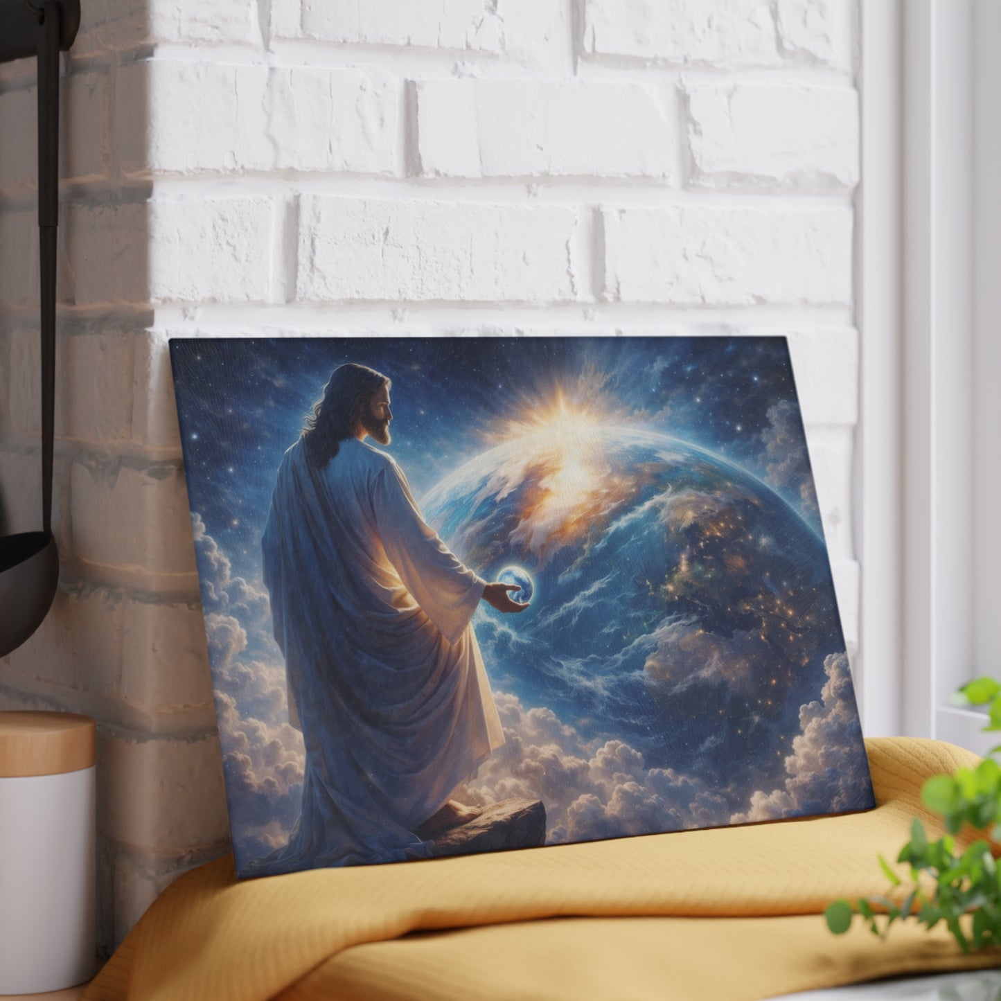 King of Creation Glass Cutting Board – Faith-Inspired Artwork Holding the World