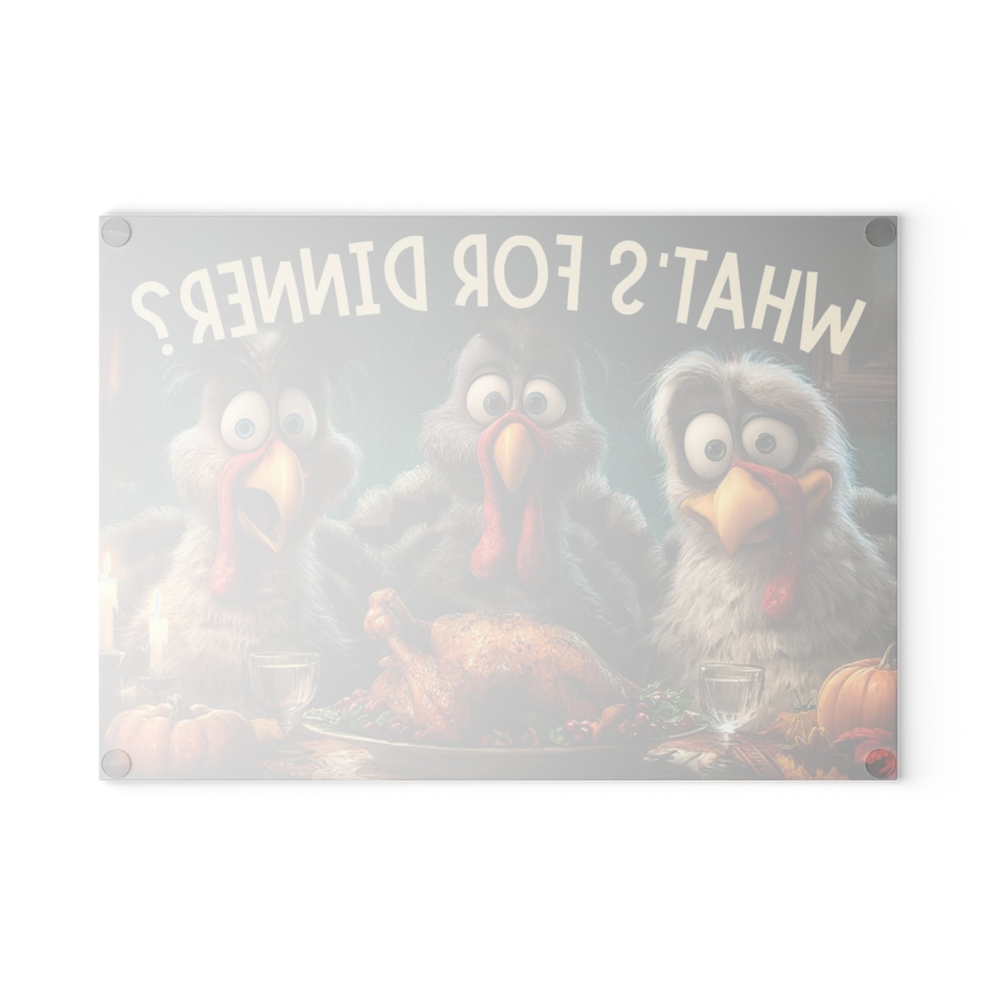 🦃🥔 “Dinner Time Surprise” Glass Cutting Board – Playful Rustic Kitchen Décor