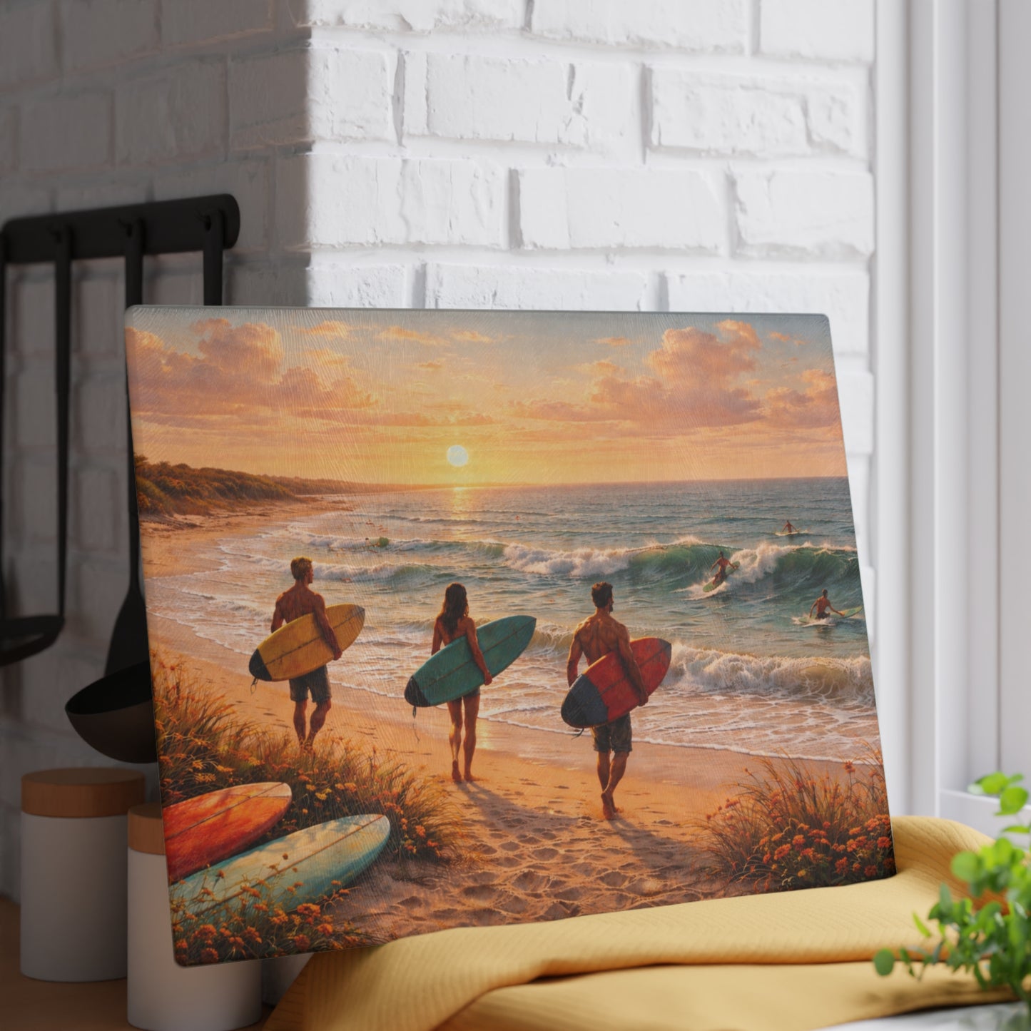 Golden Hour Surf Coast Glass Cutting Board – Coastal Sunset Ocean Kitchen Decor