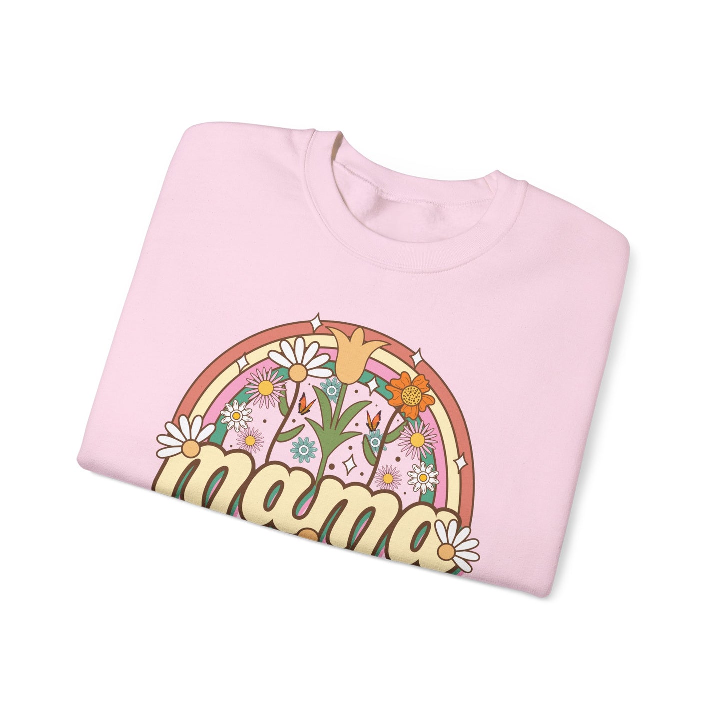 🌼🌈 Retro Floral Mama Sweatshirt – Vintage Rainbow Daisy Mom Crewneck