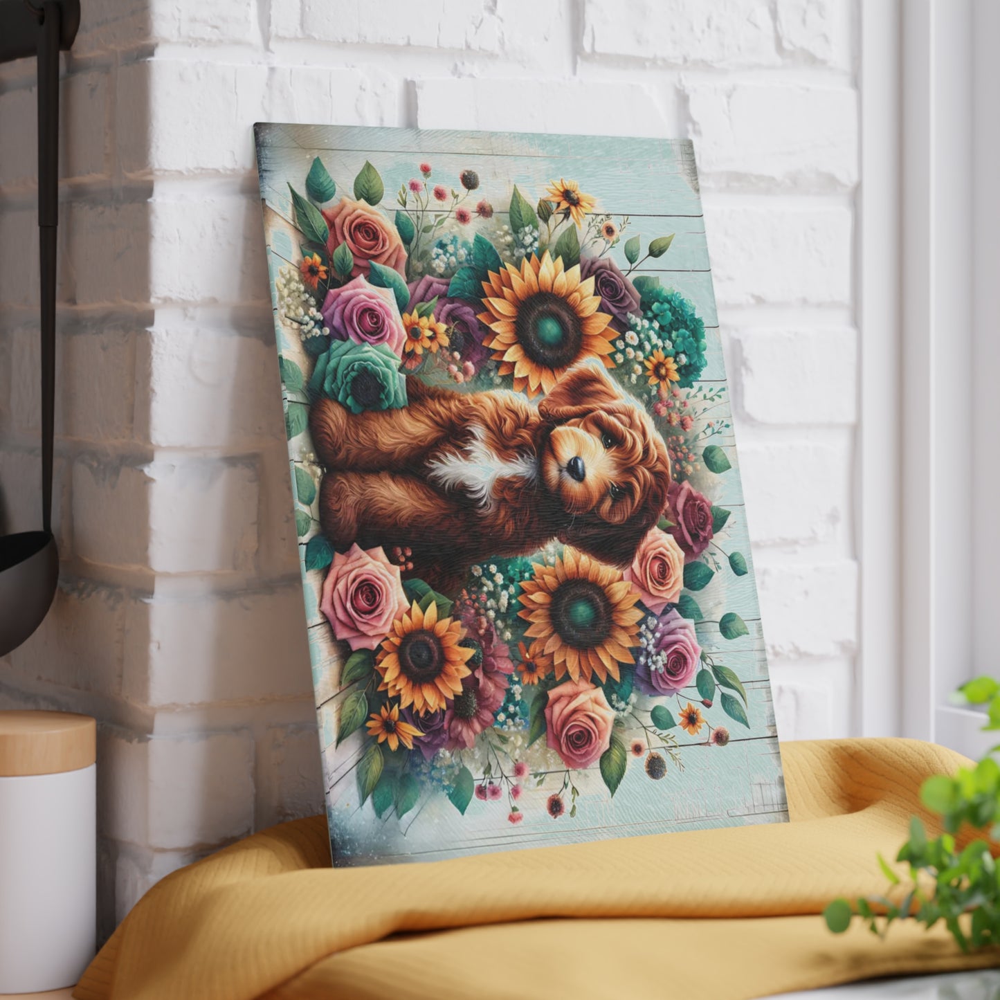 🐶🌻 “Sunflower Pup” Glass Cutting Board – Bright, Happy Farmhouse Vibes for Your Kitchen